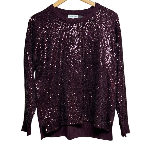Calvin Klein Sequin Front Crew Neck Long Sleeve Sweater in Port Size Medium - Picture 5 of 9